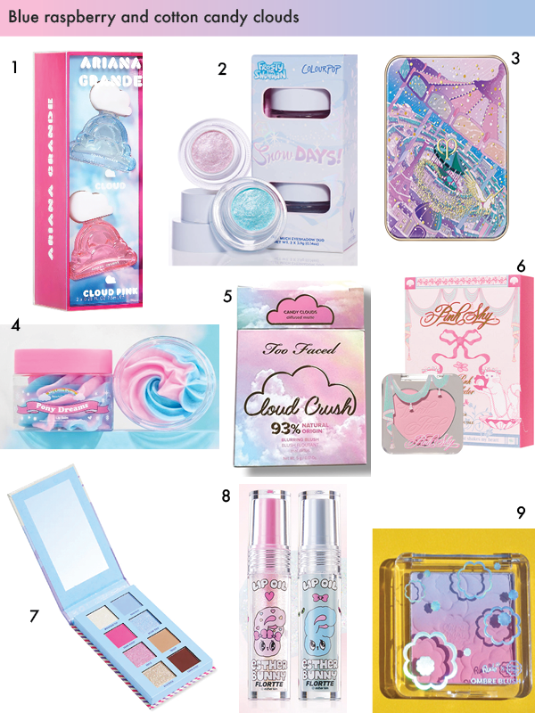 Photo collage of blue and pink packaged beauty products