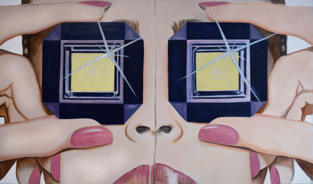 Painting of a closeup of a woman's face, her hands holding eyeshadow compacts over her eyes