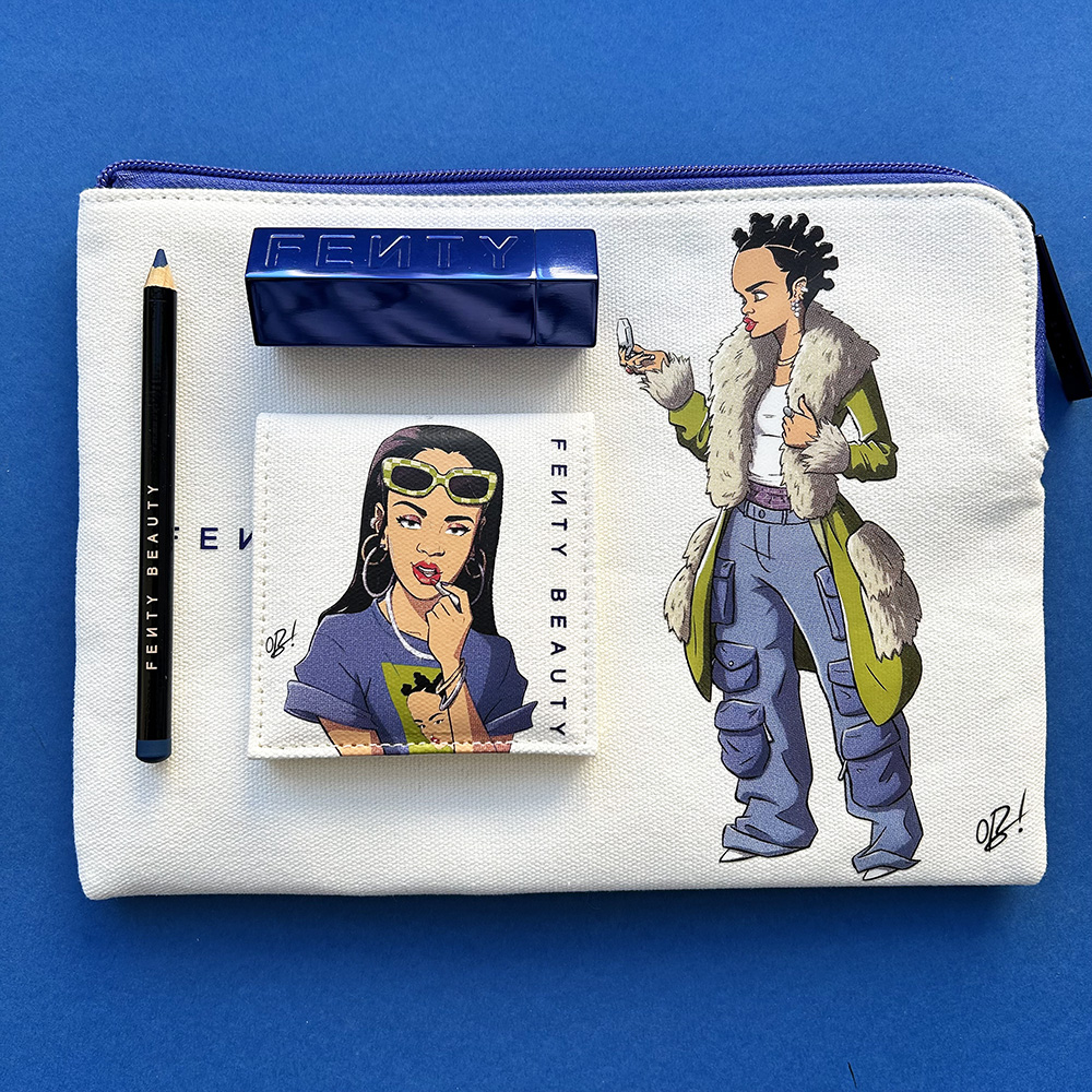 Canvas pouch, mirror, navy blue eyeliner and lipstick case featuring illustrations of Rihanna