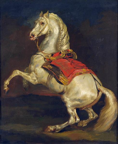 Painting of a white horse with a red saddle rearing up