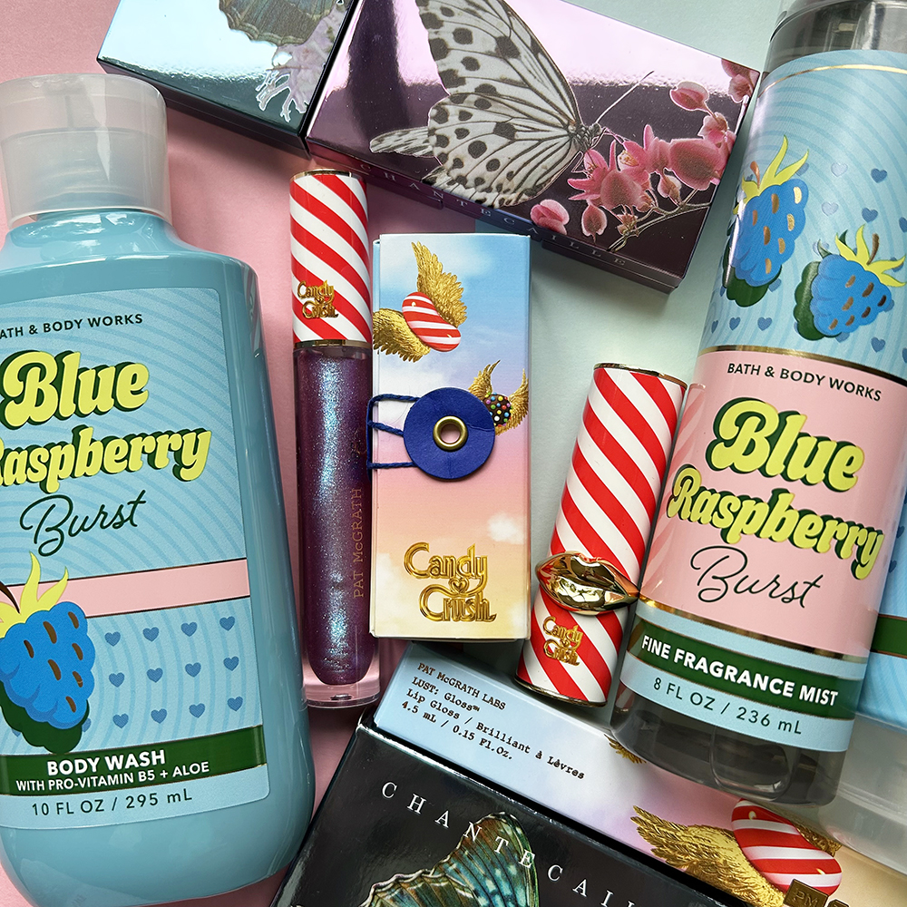 Blue and pink packaged lipstick and lip gloss