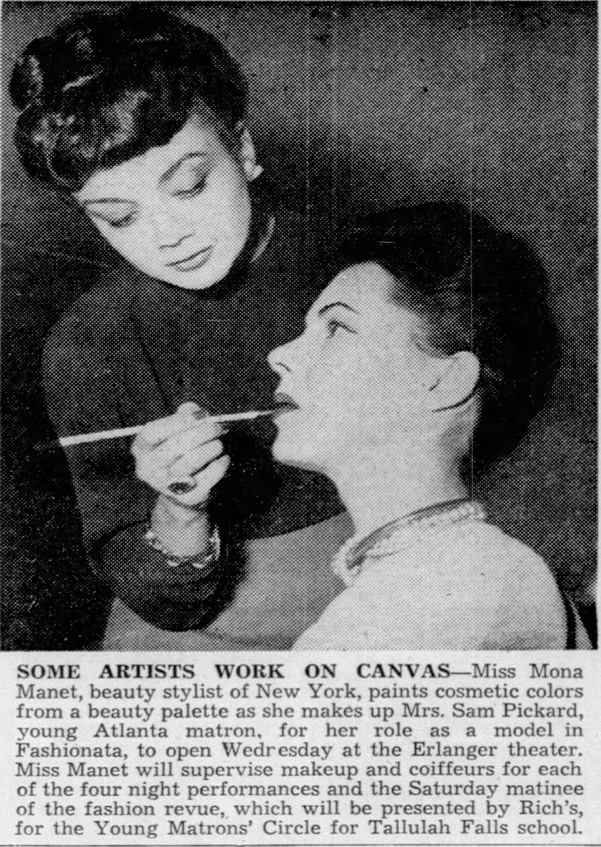 Black and white photo of Mona Manet applying lipstick with a brush, 1946