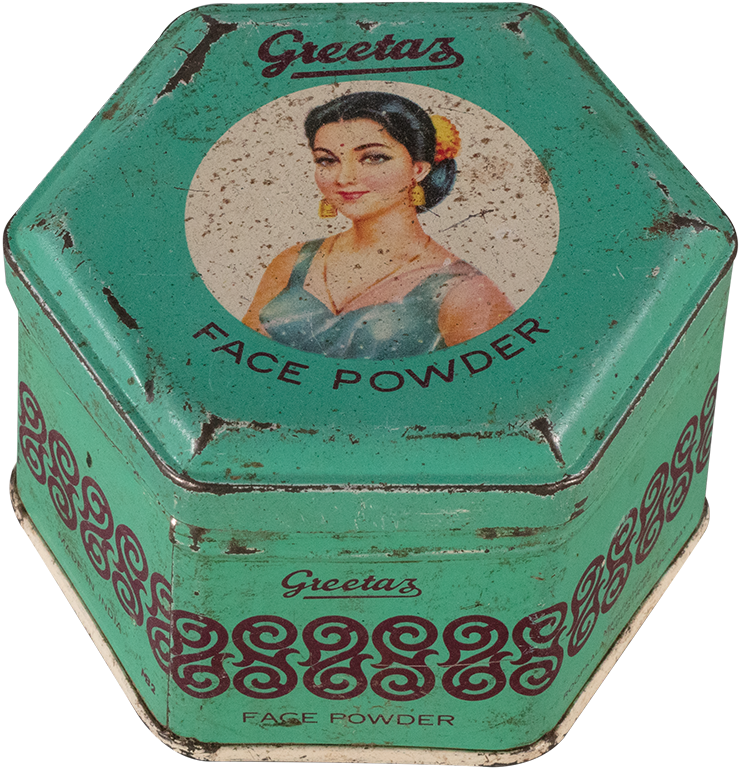 Green hexagonal tin with illustration of a woman in the center