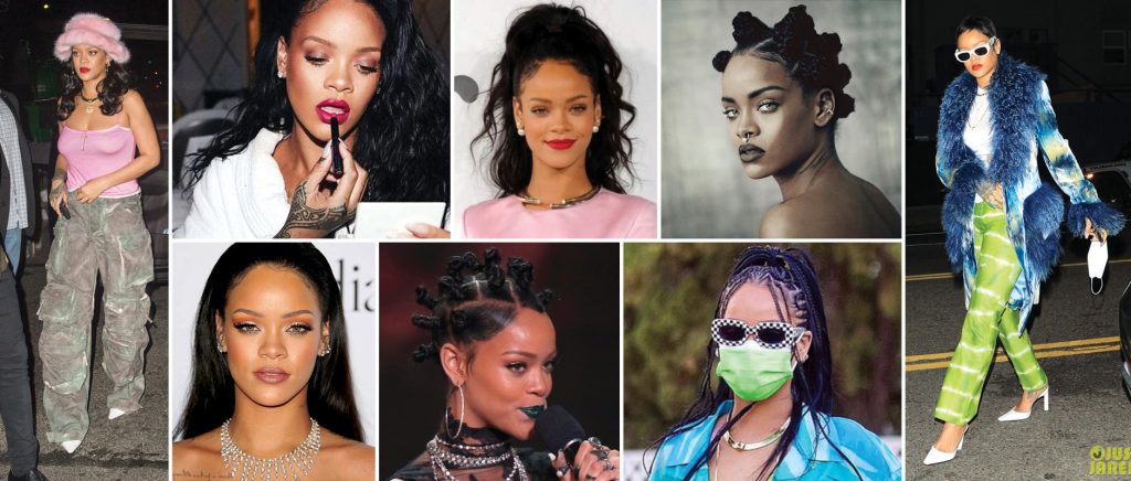 Eight photos of Rihanna in various outfits